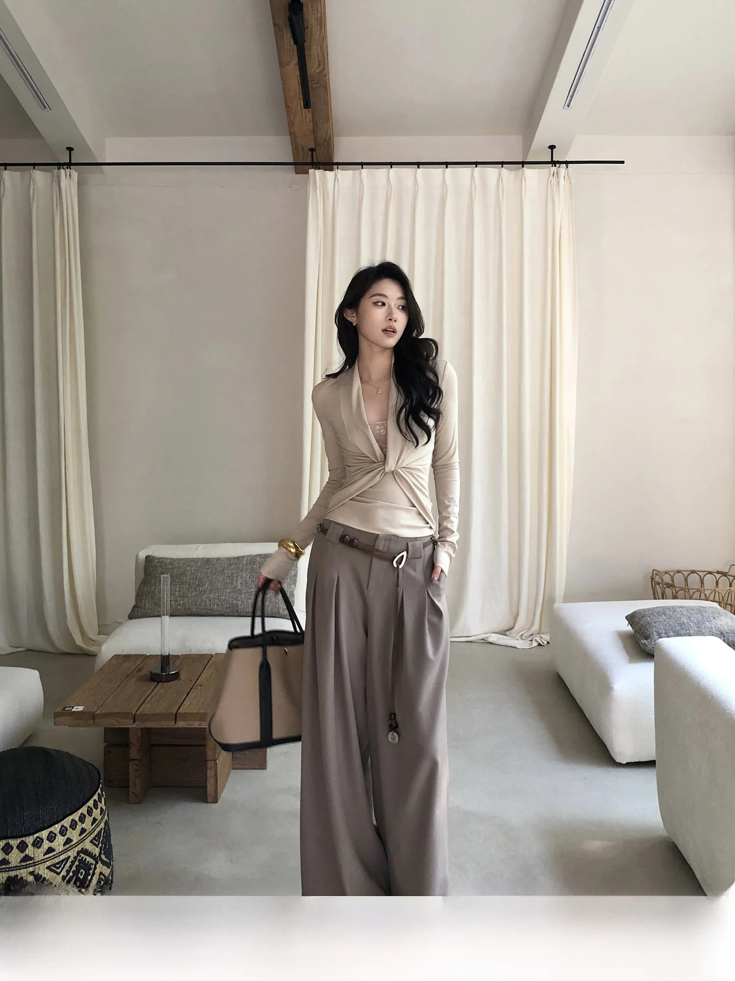 

Loose Straight Leg Suit Pants Low Waist Women's Lazy Style Milk Tea Color Casual Floor Length Trousers Comfortable Leisure Lo...