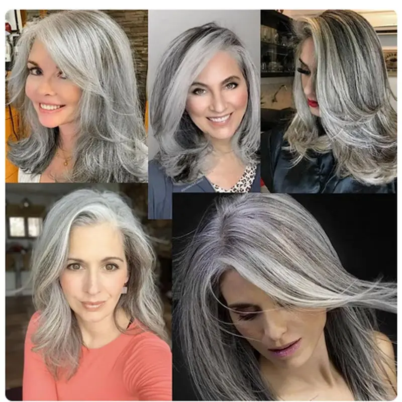 Parrucche ondulate lunghe ricci moda donna parrucca sintetica soffice onda sciolta resistente al calore grigio Ombre capelli Cosplay per la mamma