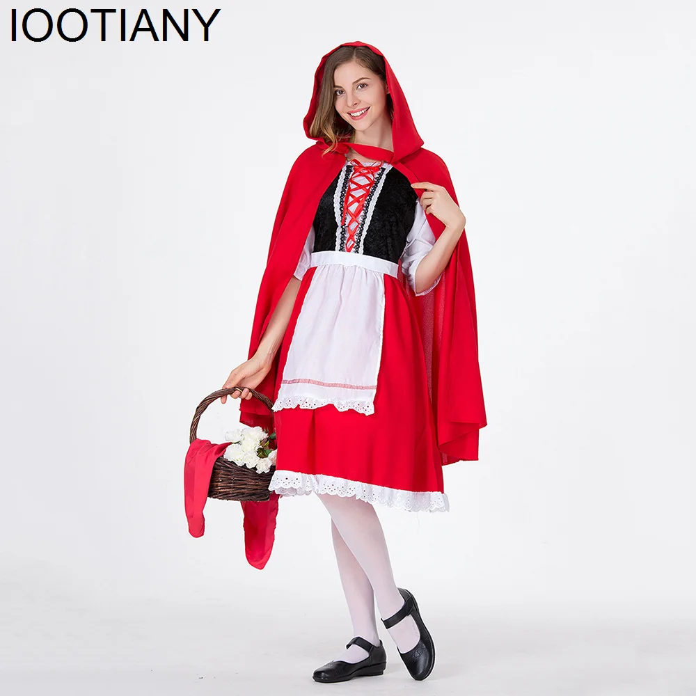 

Women Classic Little Red Riding Hood Costume Halloween Party Robe Play Dress Lady Sexy Anime Cosplay Fantasy Game Uiform