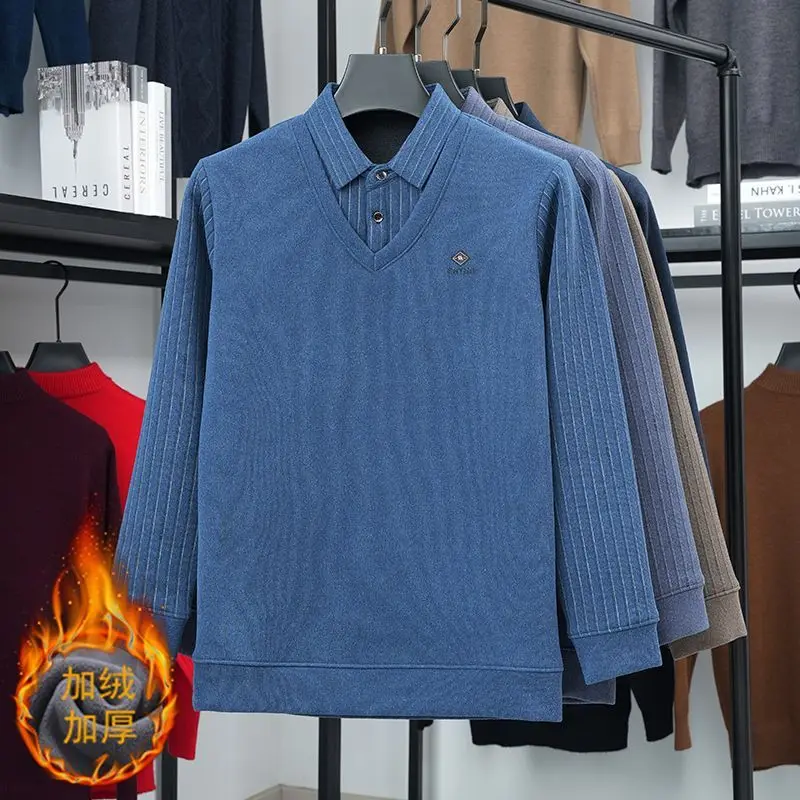 

Утолщенные флисовые зимние мужские топы, искусственный свитер из двух частей, рубашка с лацканами, теплый повседневный свитер