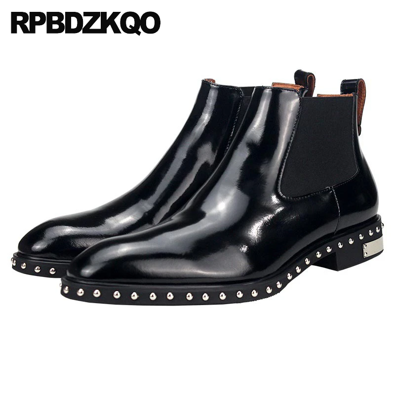 Slip On Rivet Cowhide Studded Shoes Large Size Booties Metal Stud Men Pointed Toe Chelsea Boots Flats Ankle 45 Patent Leather