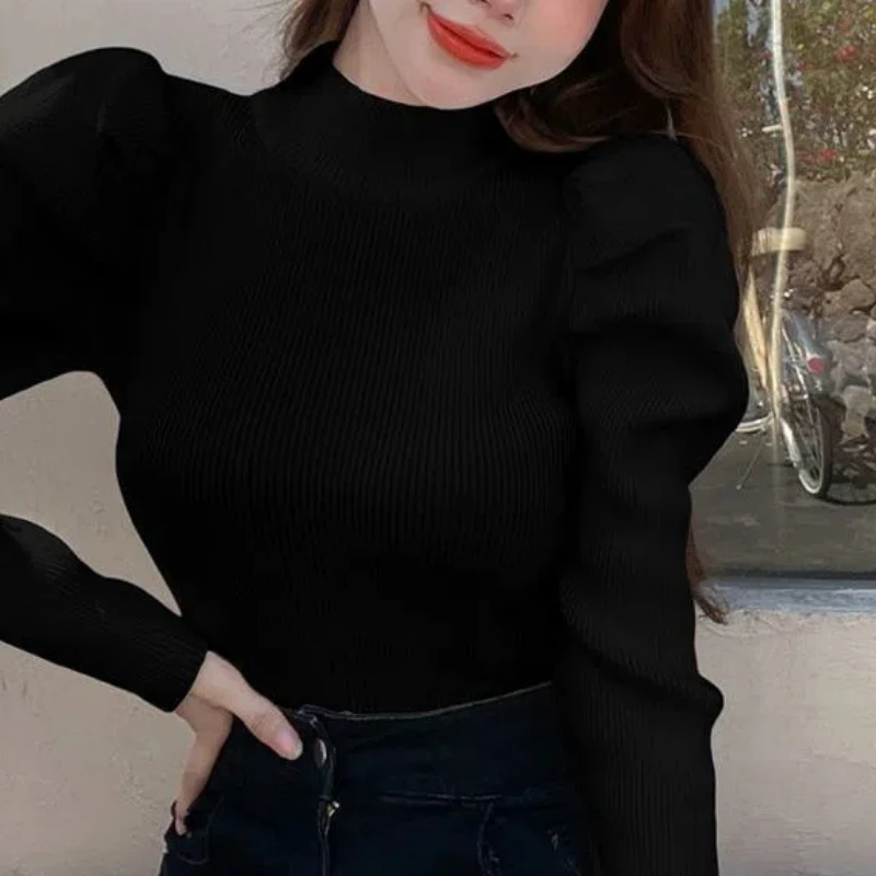 Autumn Winter Bubble Sleeves Solid Color Women's Clothing Bottoming Shirt Semi High Neck New Style Stylish Slim Fit Y2K Sweaters