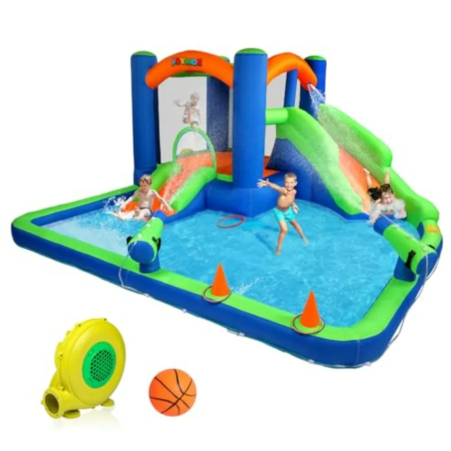 Inflatable Water Slide Bounce House for 3-6 Years, PVC Blue/Green, Quick 30s Inflation, Features Basketball Hoop, Water Cannon