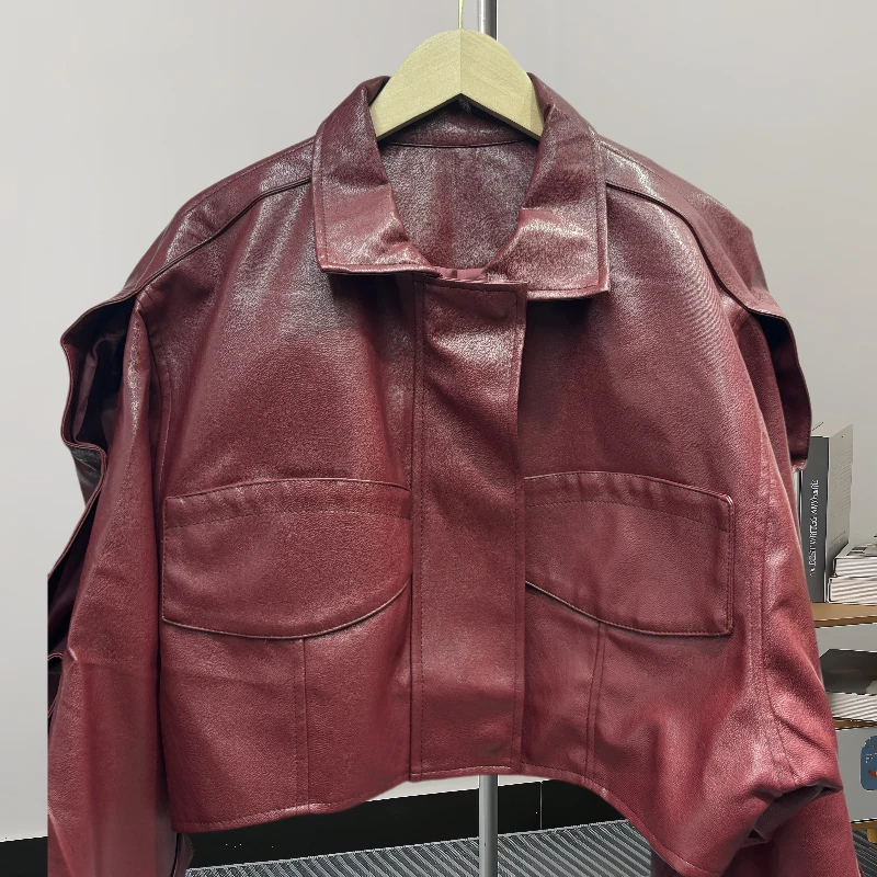 Frühling Frauen koreanische Rüschen Fledermaus Ärmel kurze Kunstleder Jacke schwarz rot lässig Revers Langarm Biker Jacke Streetwear