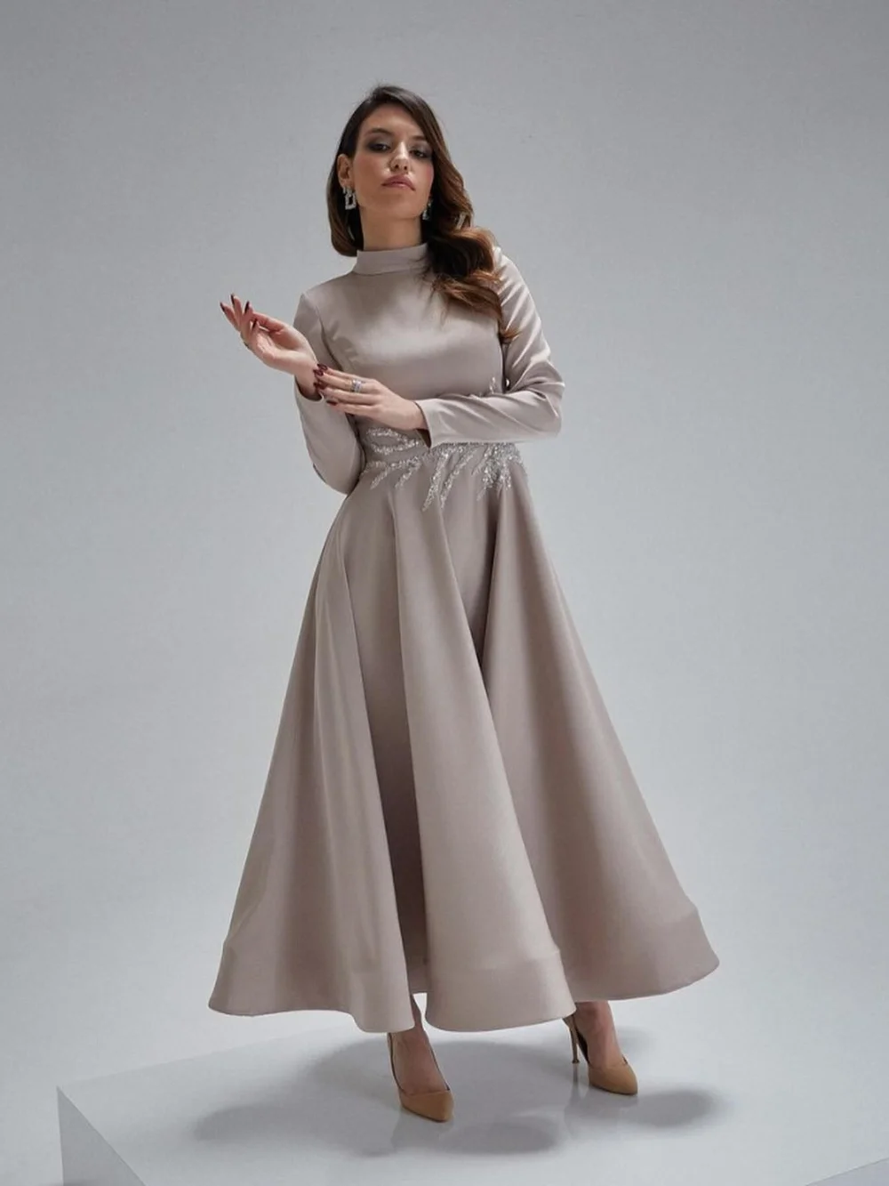 

Elegant Jersey Sequined A-line High Collar Midi Dresses Prom Dresses Classic Exquisite Modern Style Pastrol Unisex Chinese Style