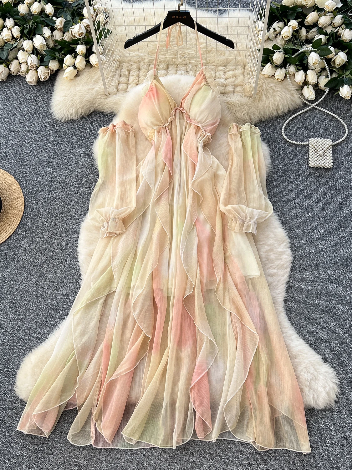 Vestido Casual F de Verão com Decote Ombro a Ombro, Tela Transparente, Cintura Alta e Saia Evasê - Estilo Sensual para...