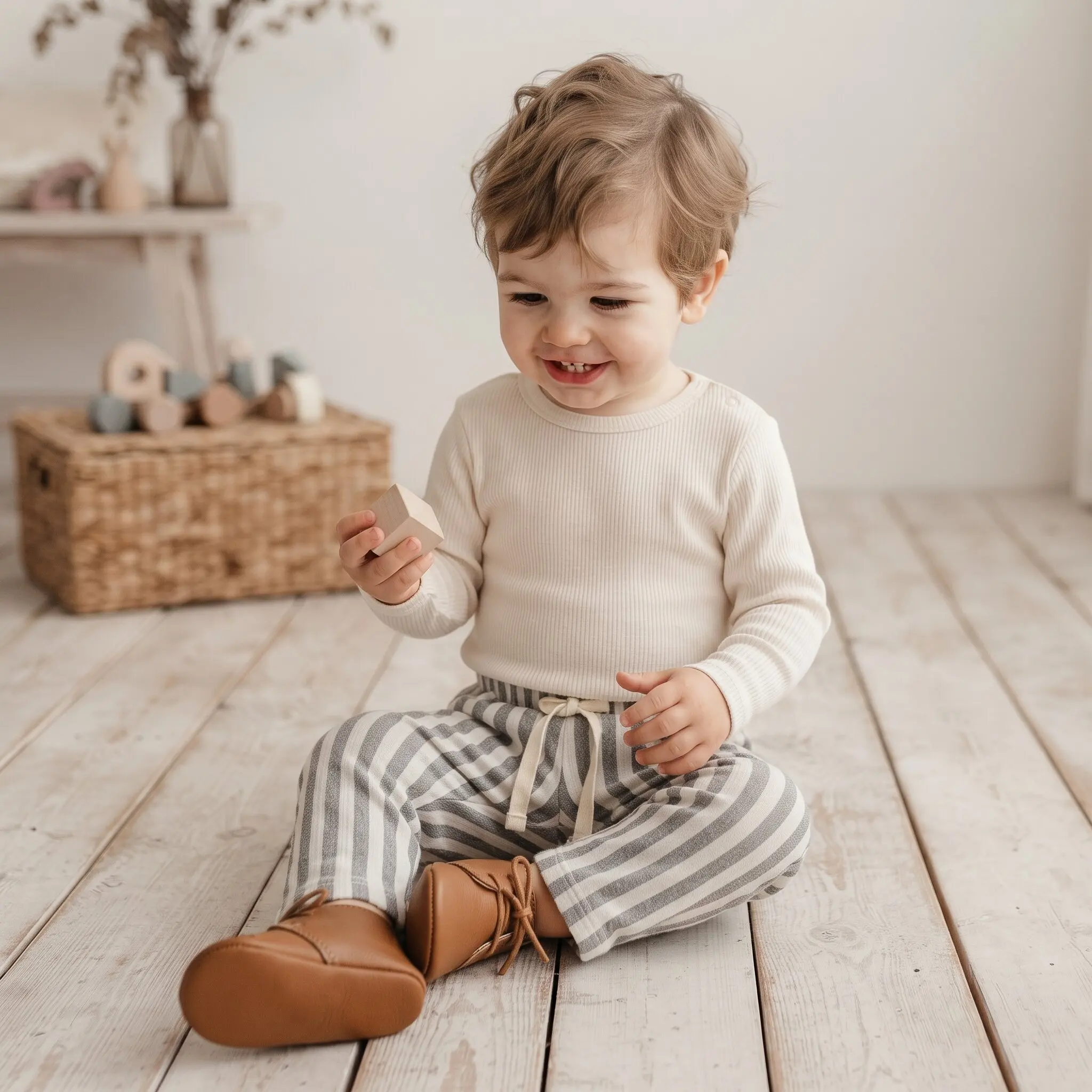Korean Forest Baby Yellow White Vertical Stripe Straight Pants,Unisex Infant Elastic Waist Drawstring Light Casual Trousers