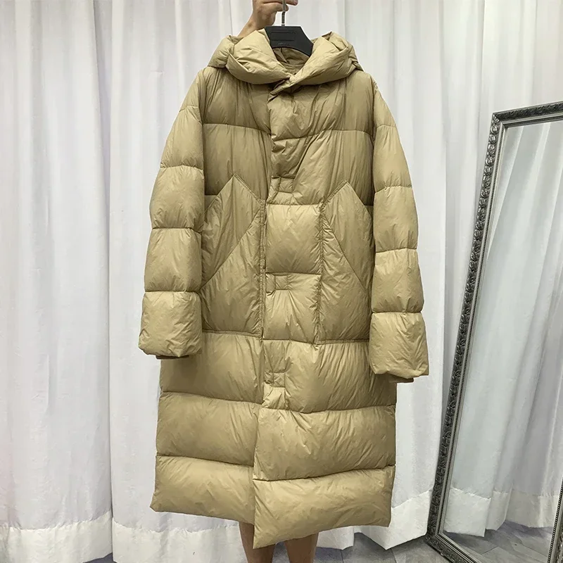 Lagabogy 2024 Winter Women 90% White Duck Down Long Jacket Female Hooded Warm Outwear Solid Color Casual Loose Belt Puffer Coat