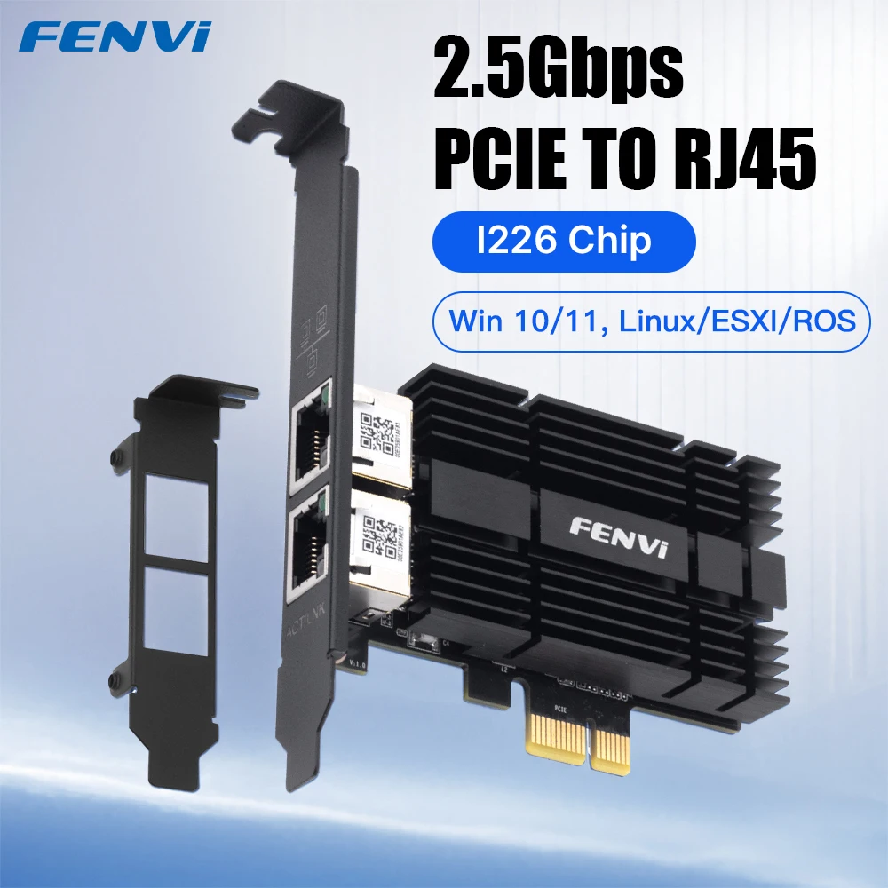 

Сетевая карта FENVI 2,5G PCIE к RJ45 для набора микросхем Intel I226, гигабитный Ethernet, два порта, сетевой адаптер 100/1000/2500 Мбит/с для ПК