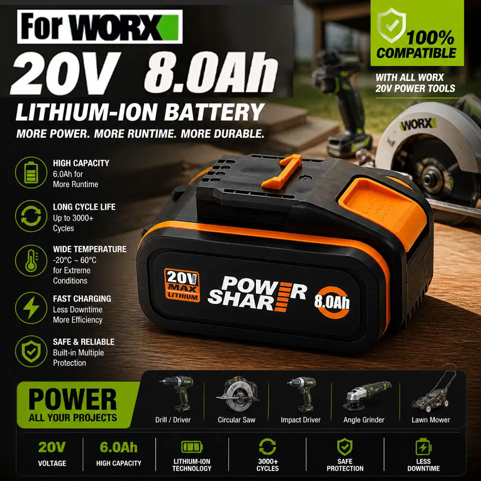 Batterie lithium-ion de remplacement 20V WORX 6000/8000mAh pour outils WA3551 WA3551.1 WA3553 WA3641 WX373