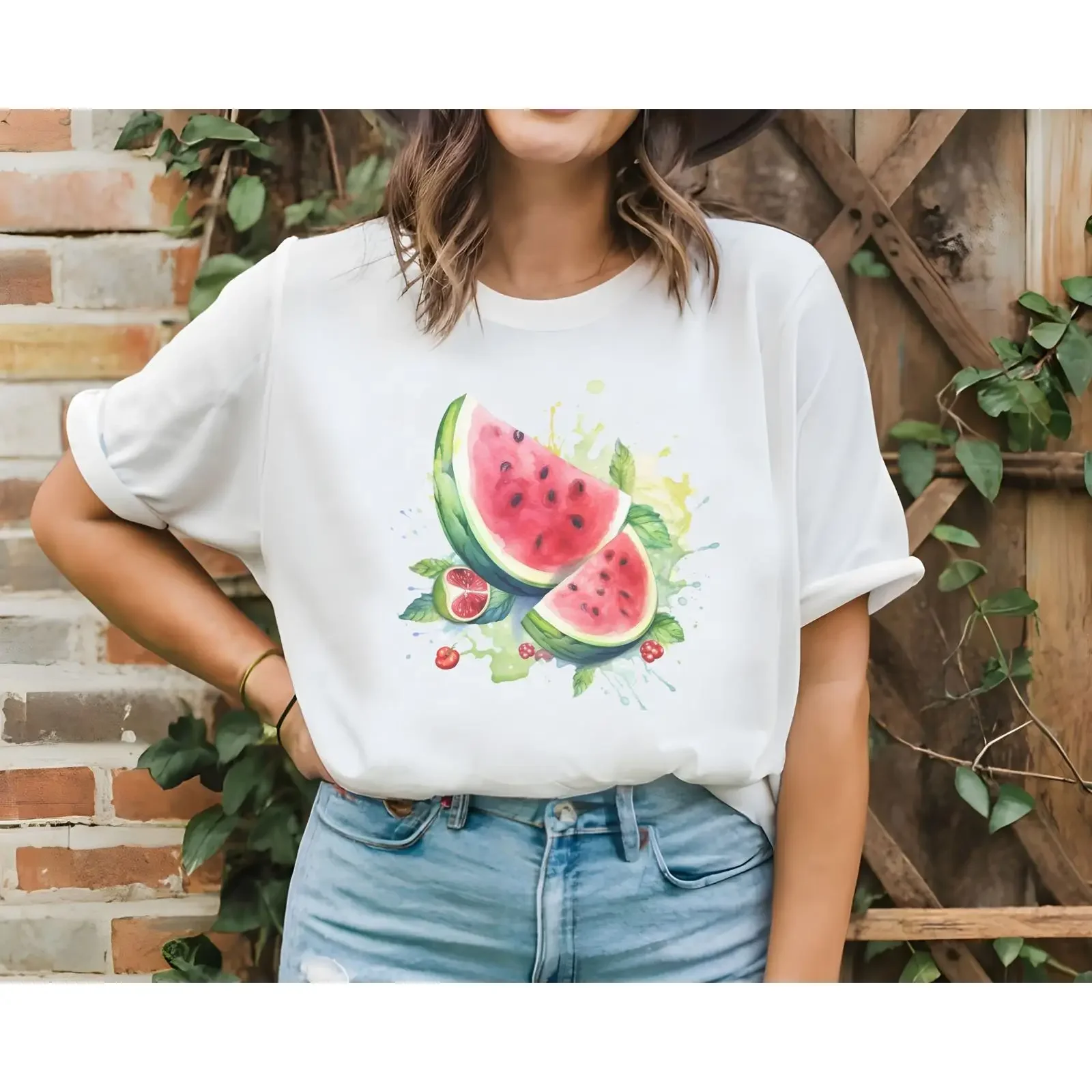 Watercolor Watermelon Slices T Shirt Summer Casual Dripping Cute Fruit Design Holiday Top vintage Washed Versatile Soft homme