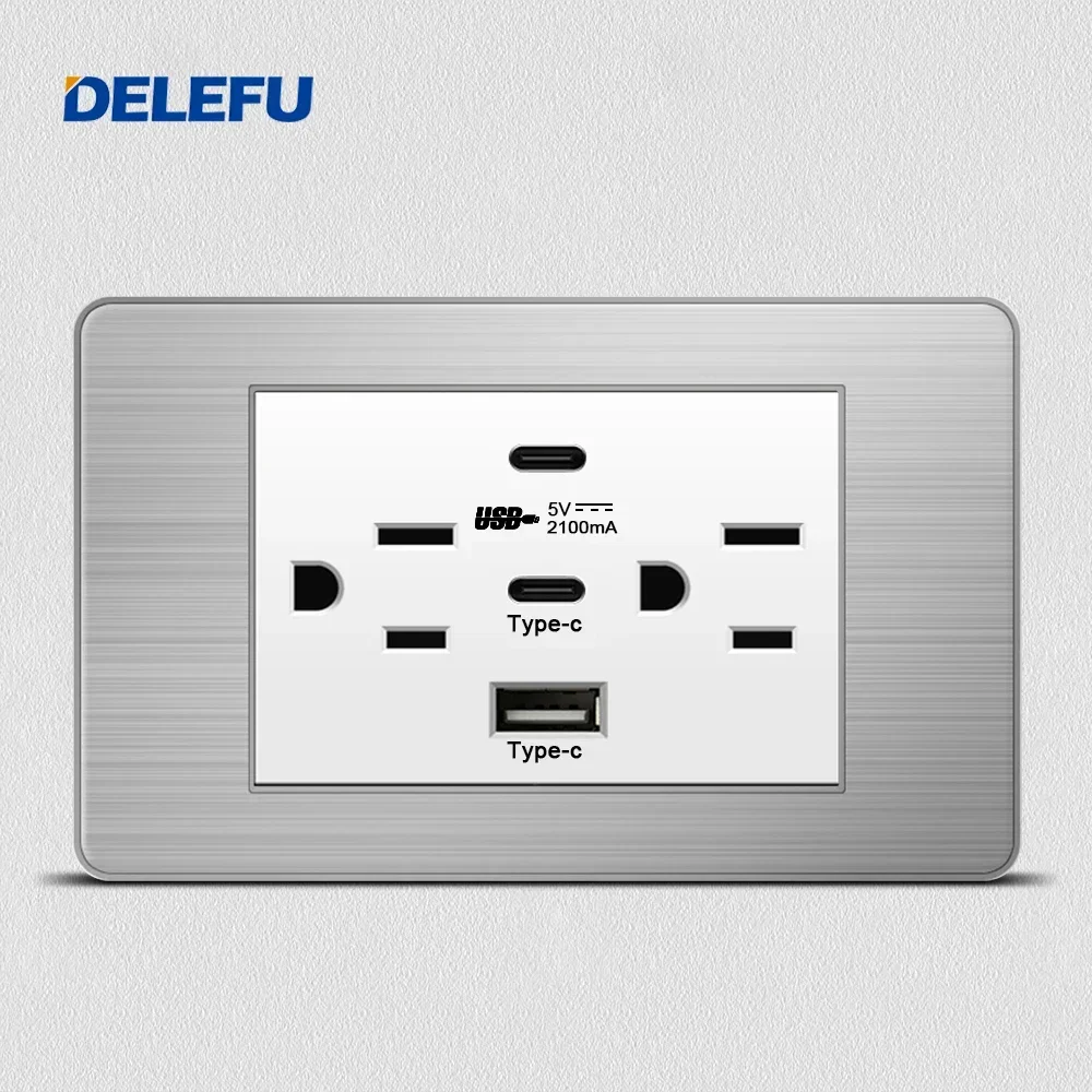 DELEFU White Stainless Steel panel Mexico Standard Type C America Outlet Plug 118*72mm Wall Socket Light Switch Fast Charge