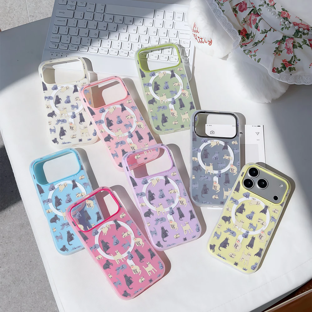 Midnight Cat Parade Luxus Candy Color 2-in-1 MagSafe Hülle für iPhone 16 15 14 13 17 Pro Max Plus Transparente Matte Weiche Abdeckung