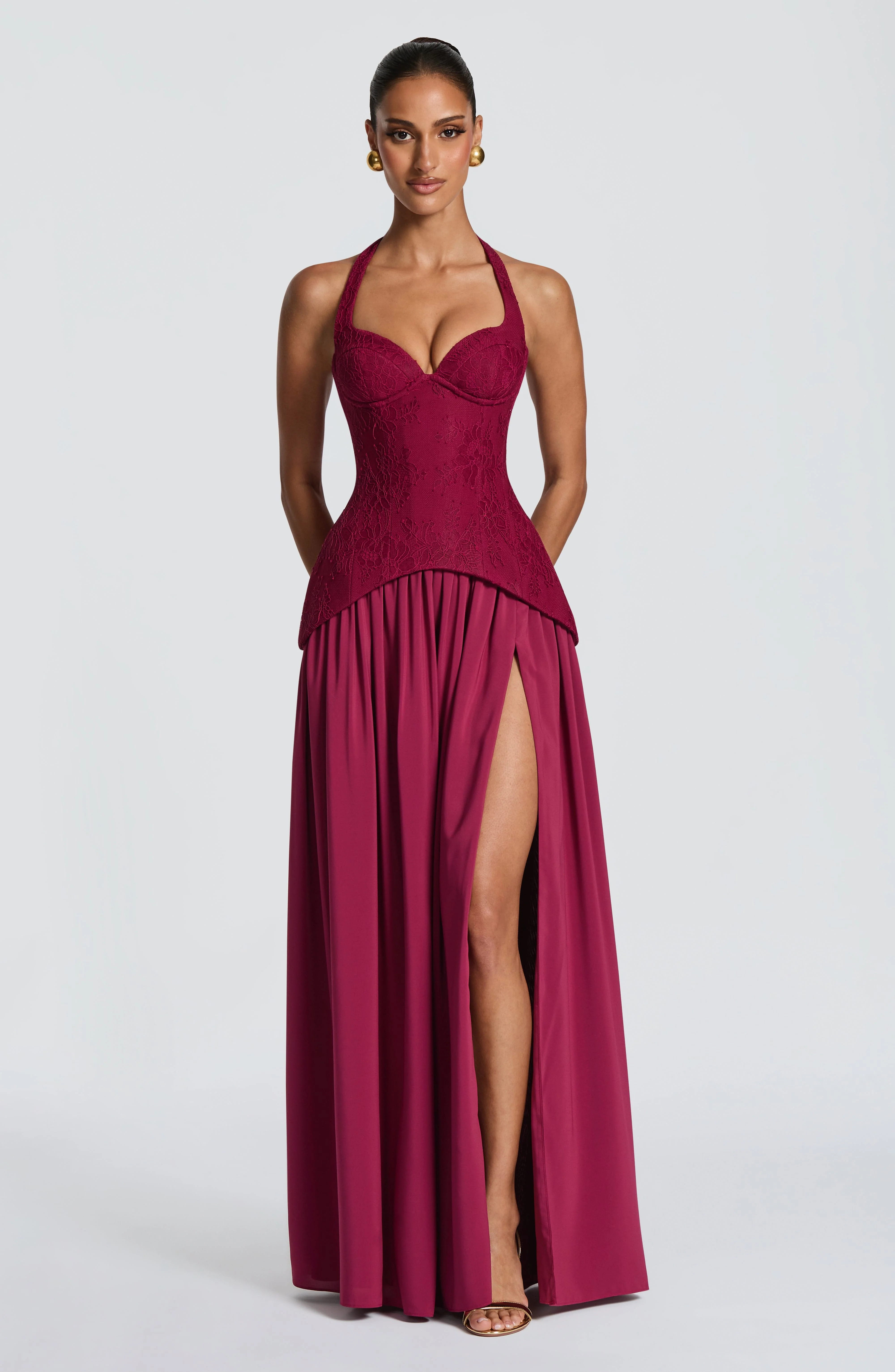 Vestido largo de encaje sin espalda con abertura alta, de gasa fluida, para mujer, ideal para galas, fiestas de gala, eventos formales y bailes de graduación.