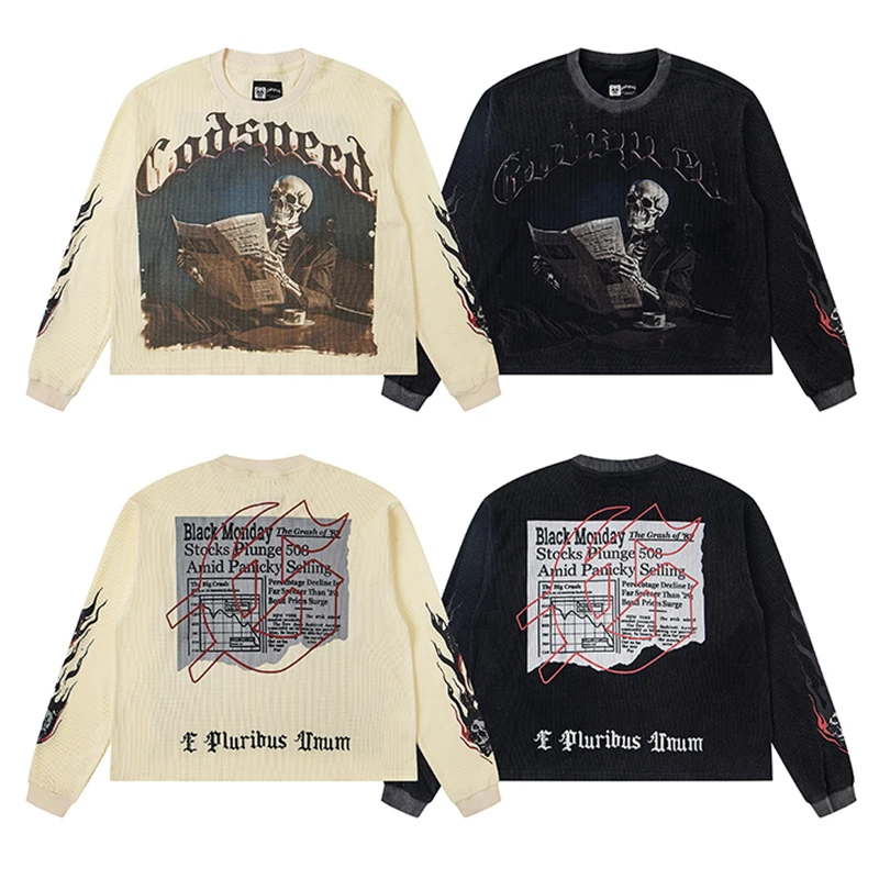 

American Street Godspeed Long-sleeved T-shirt Waffle Fabric High-quality Direct Spray Letter Pattern Print Men Women T shirts