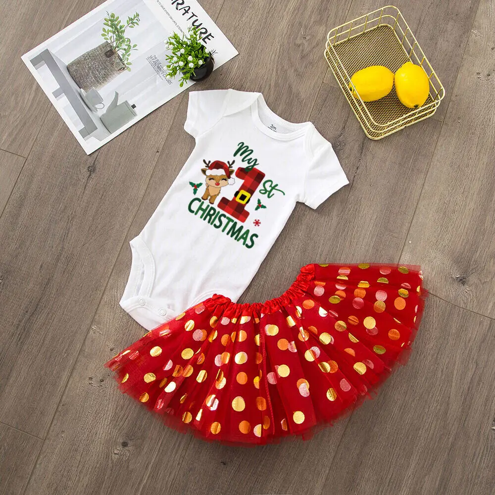 My 1st Christmas Baby Bodysuit Tutu Skirts Set Christmas Cake Dress Outfit Girl Short Sleeve Jumpsuit Toddler Xmas Party Clothes