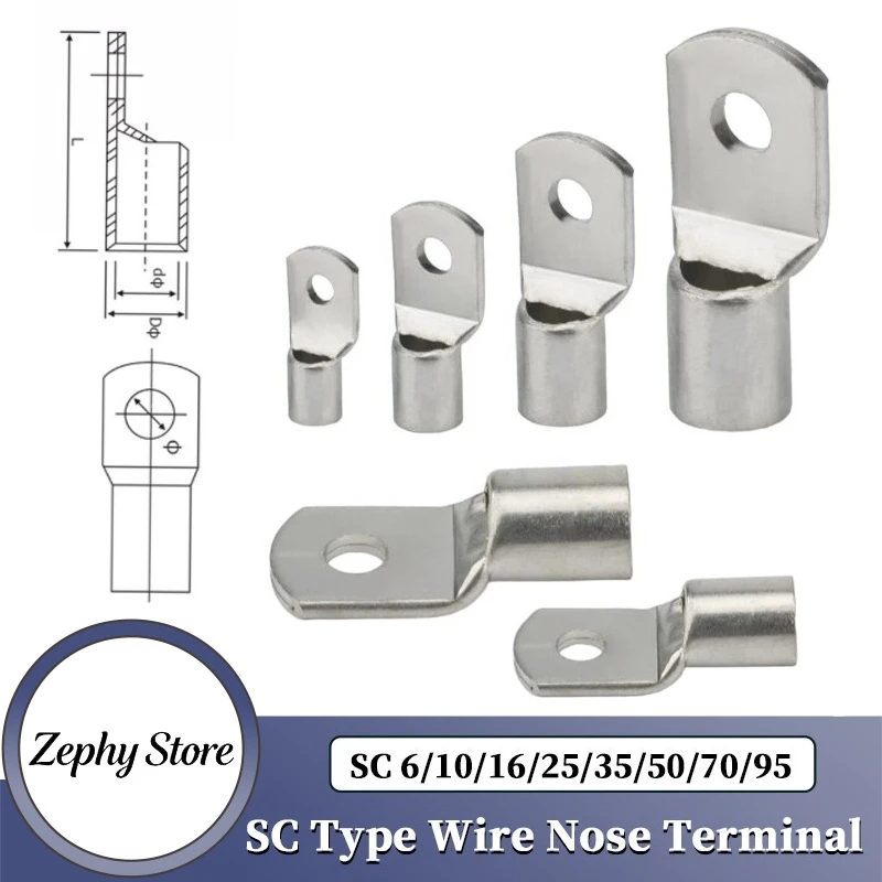 

2/10/50P Type Wire Nose Terminal SC6/10/16/25/35/50/70/95 Bare Copper Battery Block Lugs Hole ID6/8/10/12mm Crimp Wire Connector