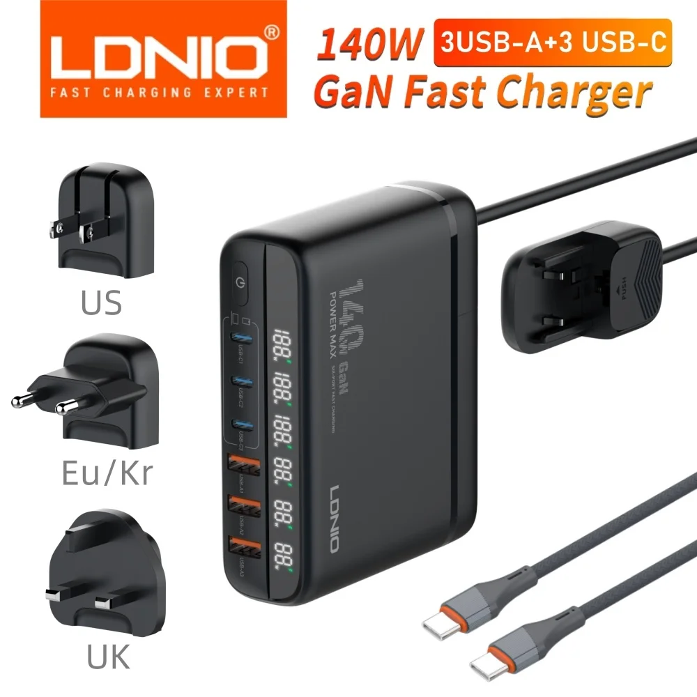 LDNIO GaN 140W Turbo Usb Charger Type C Ultra-fast Charging For Phone/Laptop/Pad MacBook Iphone 15 Xiaomi 14 High Speed Chargers