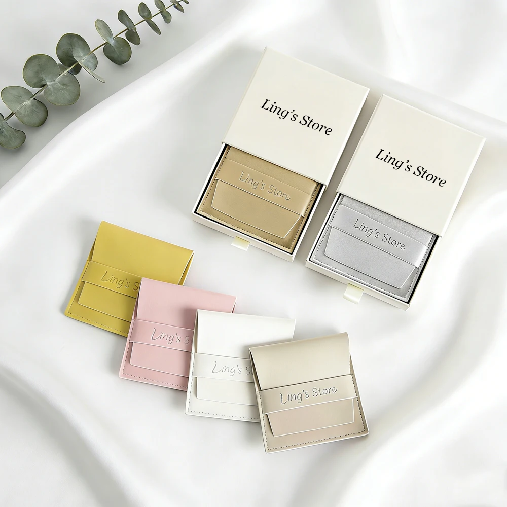 

20/50/100Sets Personalized 9x9x2.5cm Jewelry Drawer Box 8x8cm PU Leather Strip Bags Can Debossed Logo For Earrings Ring Necklace