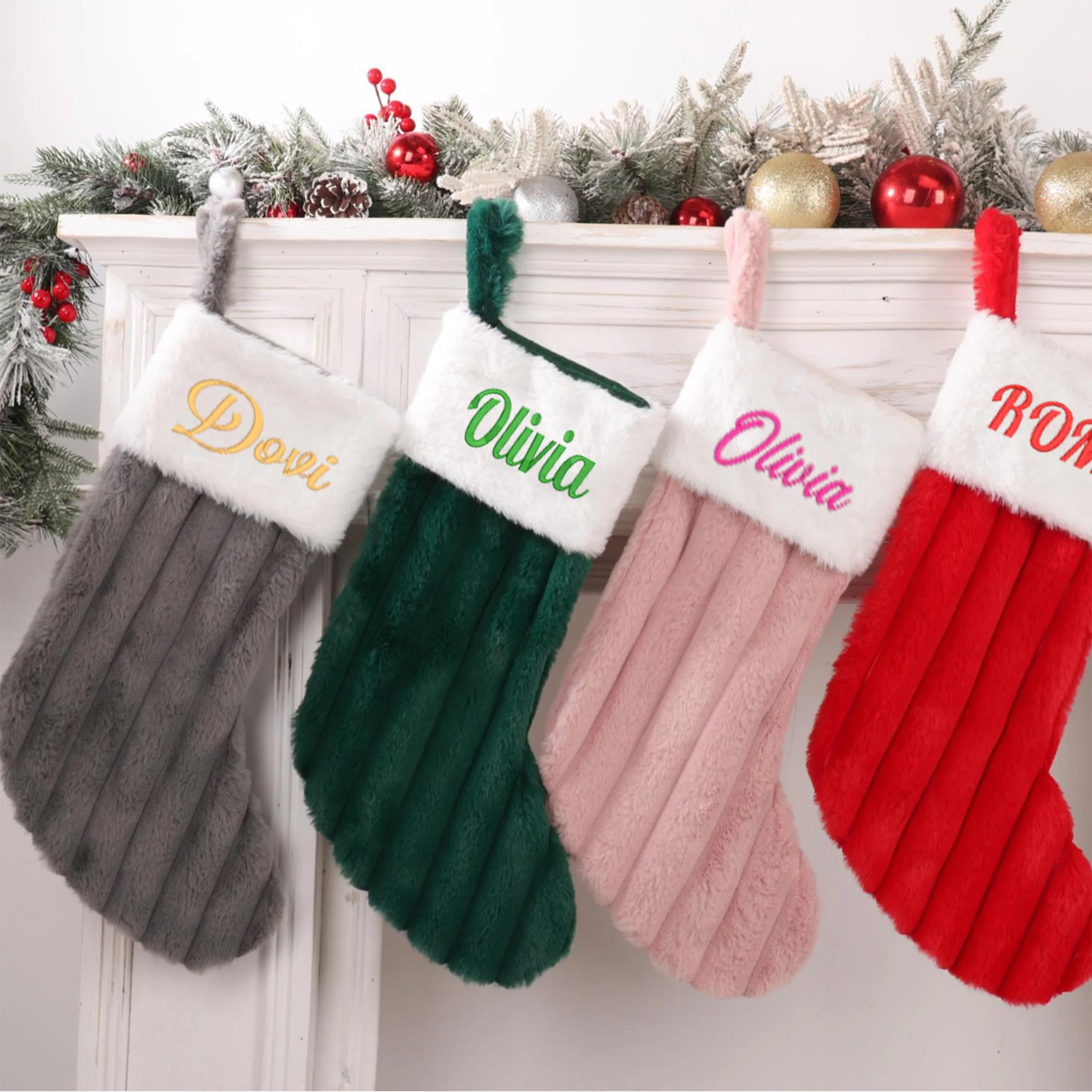 

Personalized Plush Christmas Socks With Red, Green, Small Rabbit Fur, Large Stripes,Decorative socks, Christmas Tree Decorations