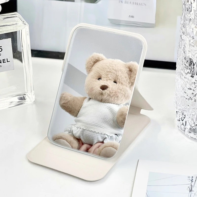 Espejo de maquillaje plegable portátil con estuche de cuero PU, espejo de tocador de escritorio compacto de mano para viajes, hogar y uso de bolsillo