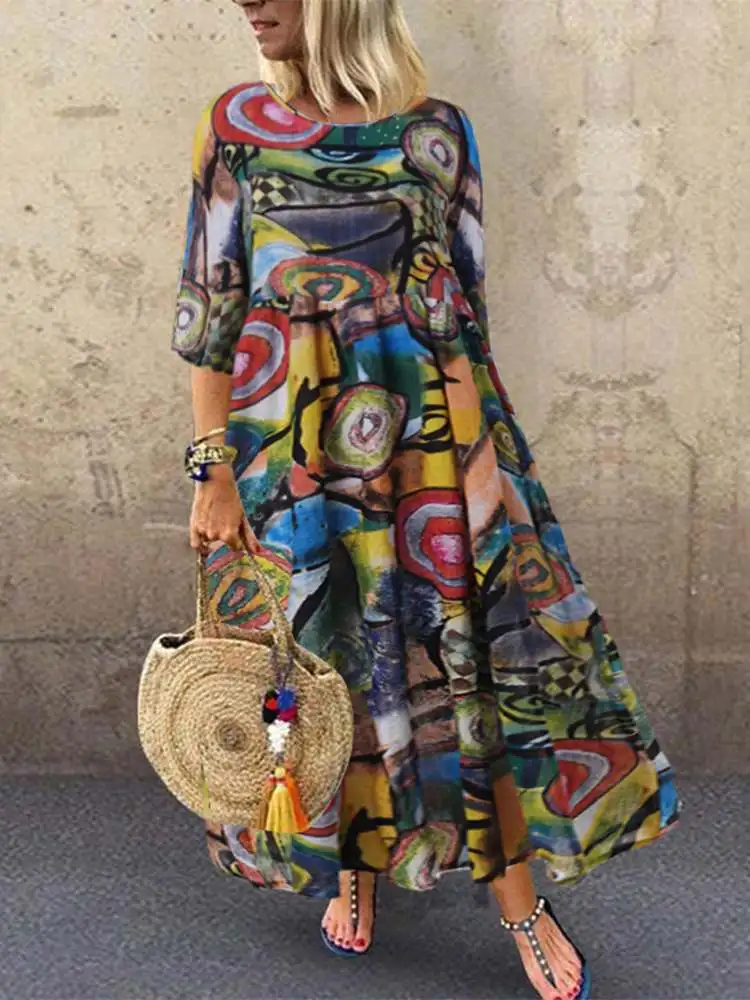 

2023 Autumn Summer Dress Women Vintage Vestidos 2023 Pleated Printed Long Maxi Dresses Tunic Femme 3/4 Sleeve