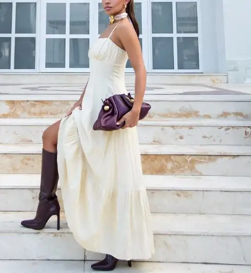 

Solid Color Sleeveless Vest Casual Dress for Summer Women with Square Collar and Waist Cinched A-Line Sleeveless Camisole Dress