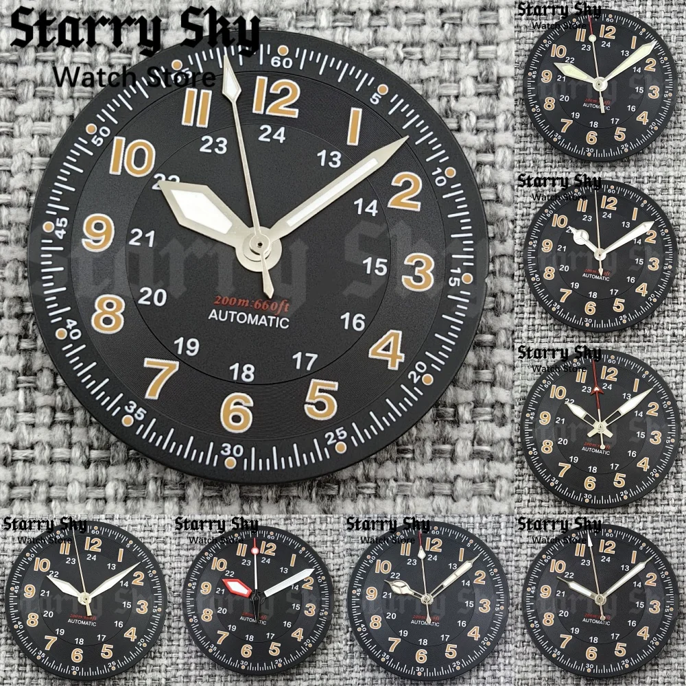 Starry Sky 29mm Orange Words Black Pilot Style Watch Dial Watch Hands With Green Luminous Fit NH35/ETA PT5000 Automatic Movement