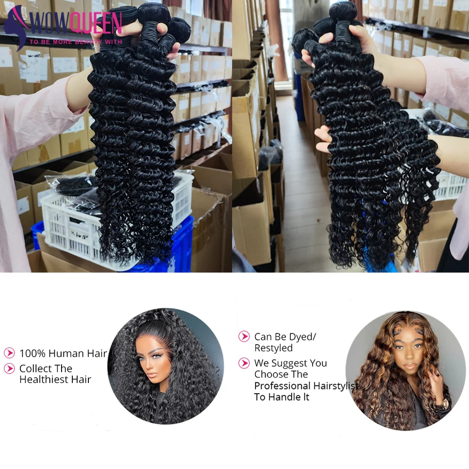 Tissage en Lot Deep Wave 100% Naturel, Extensions de Cheveux Bouclés, Brut, 28 30 32 Pouces, 3 4 Paquets Richesse