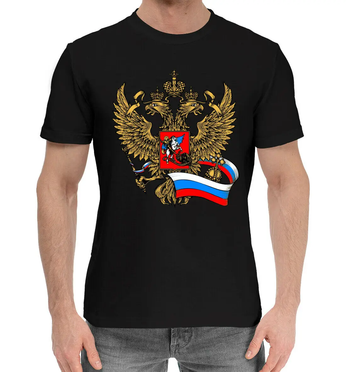 Double-headed Eagle Tricolor Flag Men T-shirt Russia Flag Short Sleeve Casual 100% COTTON O-Neck Harajuku  Mens T Shirts