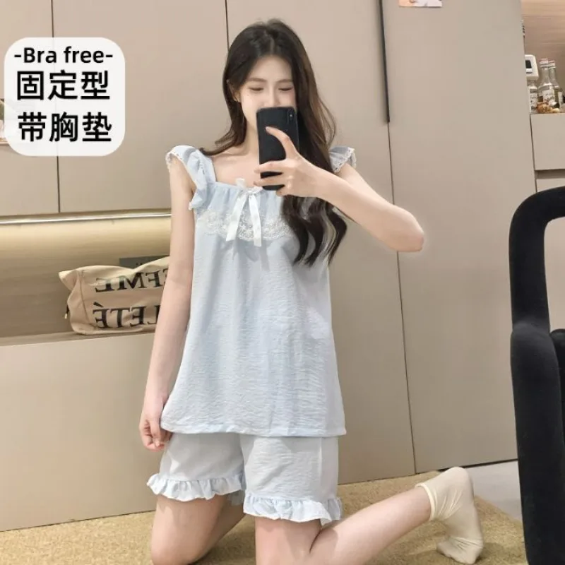 Большие размеры, пижамы во французском стиле принцессы, женская летняя домашняя одежда с летающими рукавами и накладкой на грудь, которую можно носить вне одежды для сна