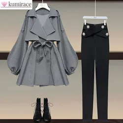 Autumn 2022 New Loose Jacket Dress Windbreaker Casual Pants Two Piece Elegant Women's Skirt Set Full Office Outfit