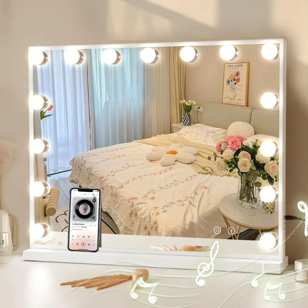 Vanity Mirror with Lights, with Bluetooth, USB Charging, 15 Dimmable LEDs, 3 Color Lighting - Touch Control