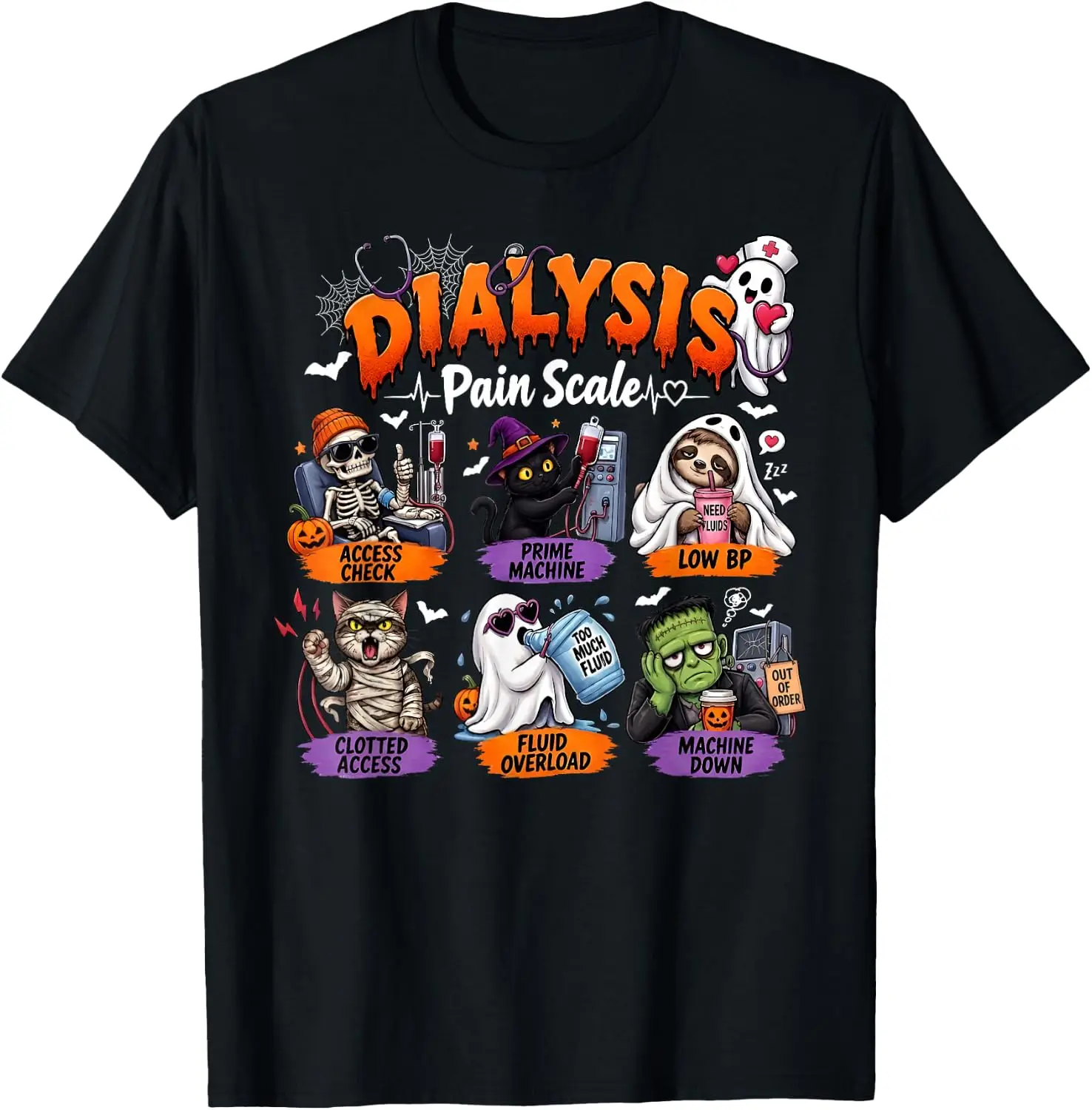 Spooky Dialysis Pain Scale Nurse Halloween Nephrology Life T-Shirt Unisex Graphic T‑Shirt, Unique [Your Graphic Design] Print Tee, 100% Cotton Soft Breathable Crew Neck Casual Short Sleeve T‑shirt For Men Women Novelty Daily Tops