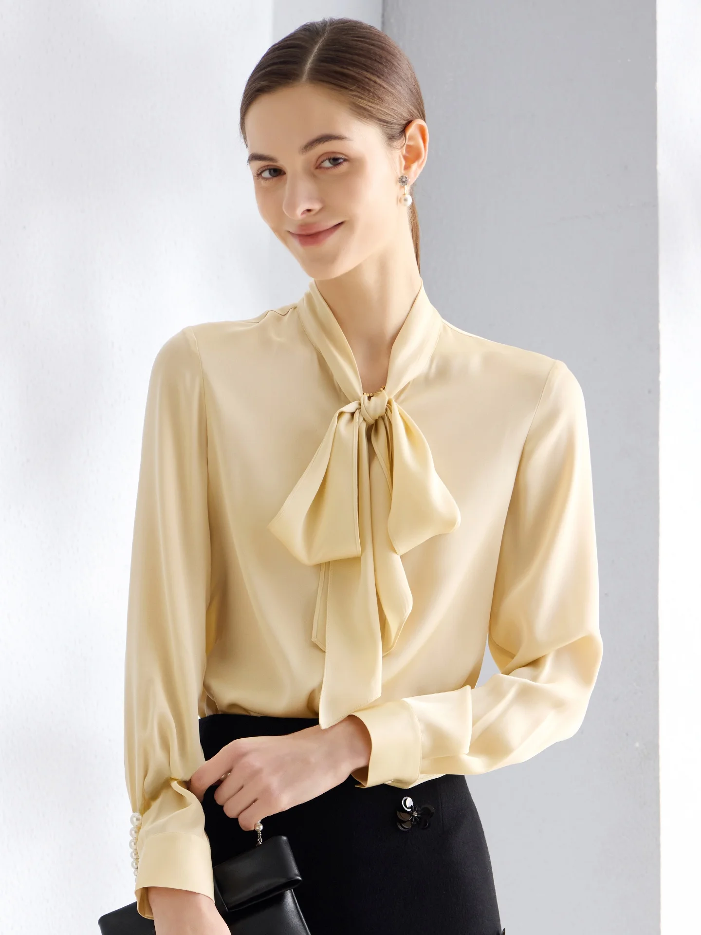 

Шелковая блузка Ele с длинным рукавом и узлом, из чистого шелка, женская, премиум-класса, модная, весна 2026, дышащая, для активного отдыха