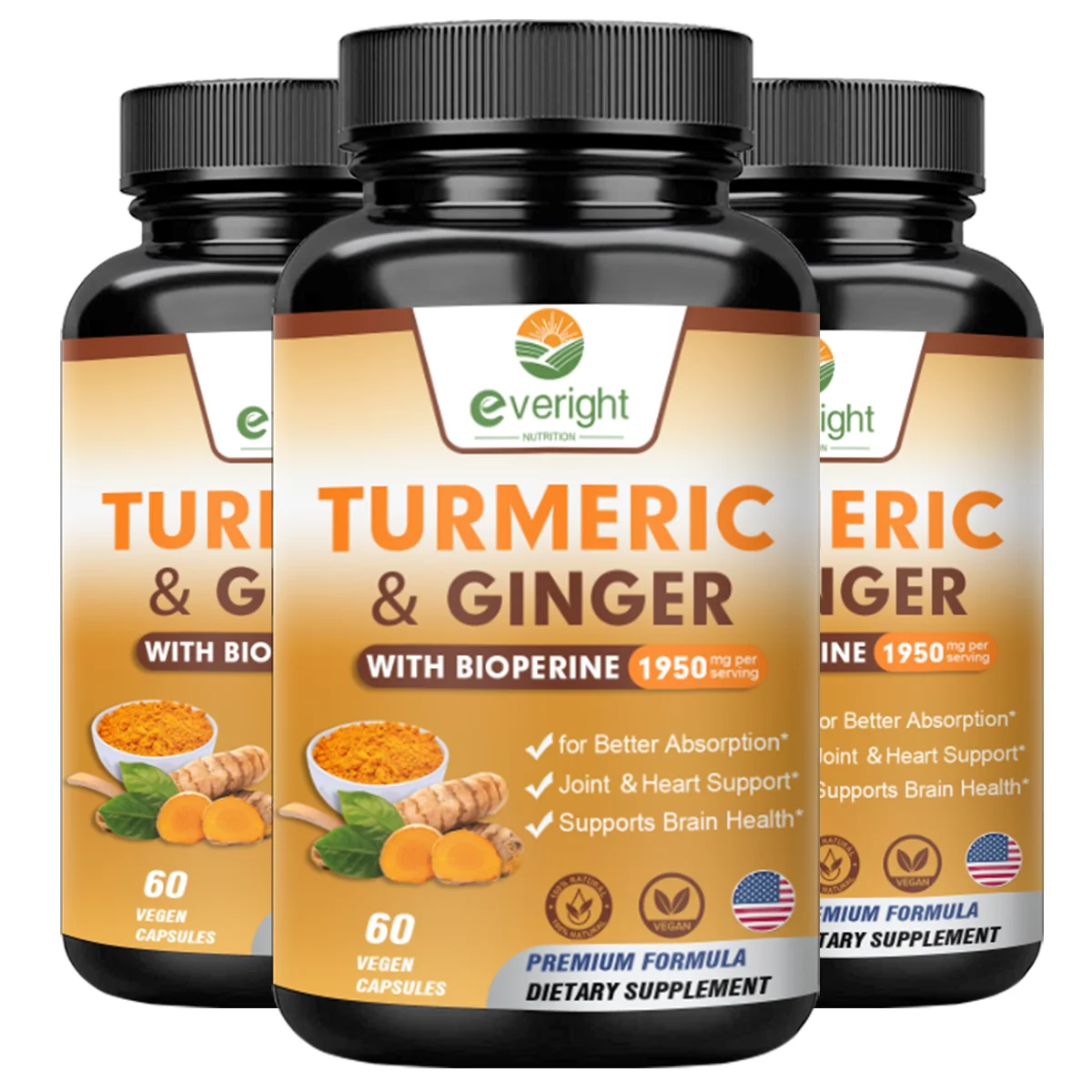 Turmeric Curcumin with BioPerine & Ginger for Bone, Muscle Function, Calcium Absorption, Immune Support, Herbal Extract Suppleme