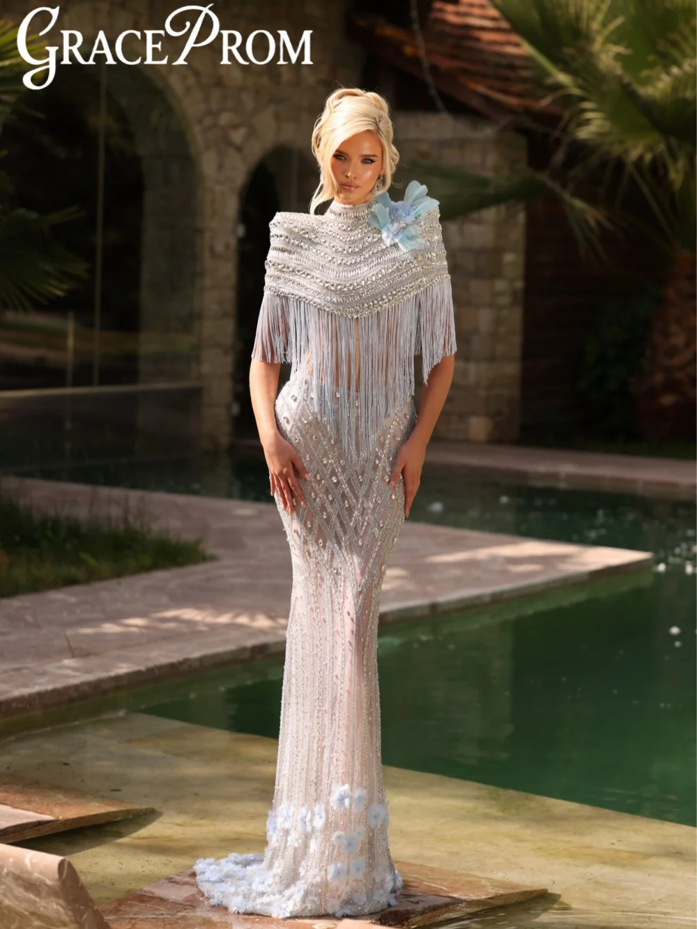 

New Illusion Sparkling Tassel Evening Dress Exquisite 3D Floral Long Wedding Party Gown Customized Glamorous Red Carpet Gowns