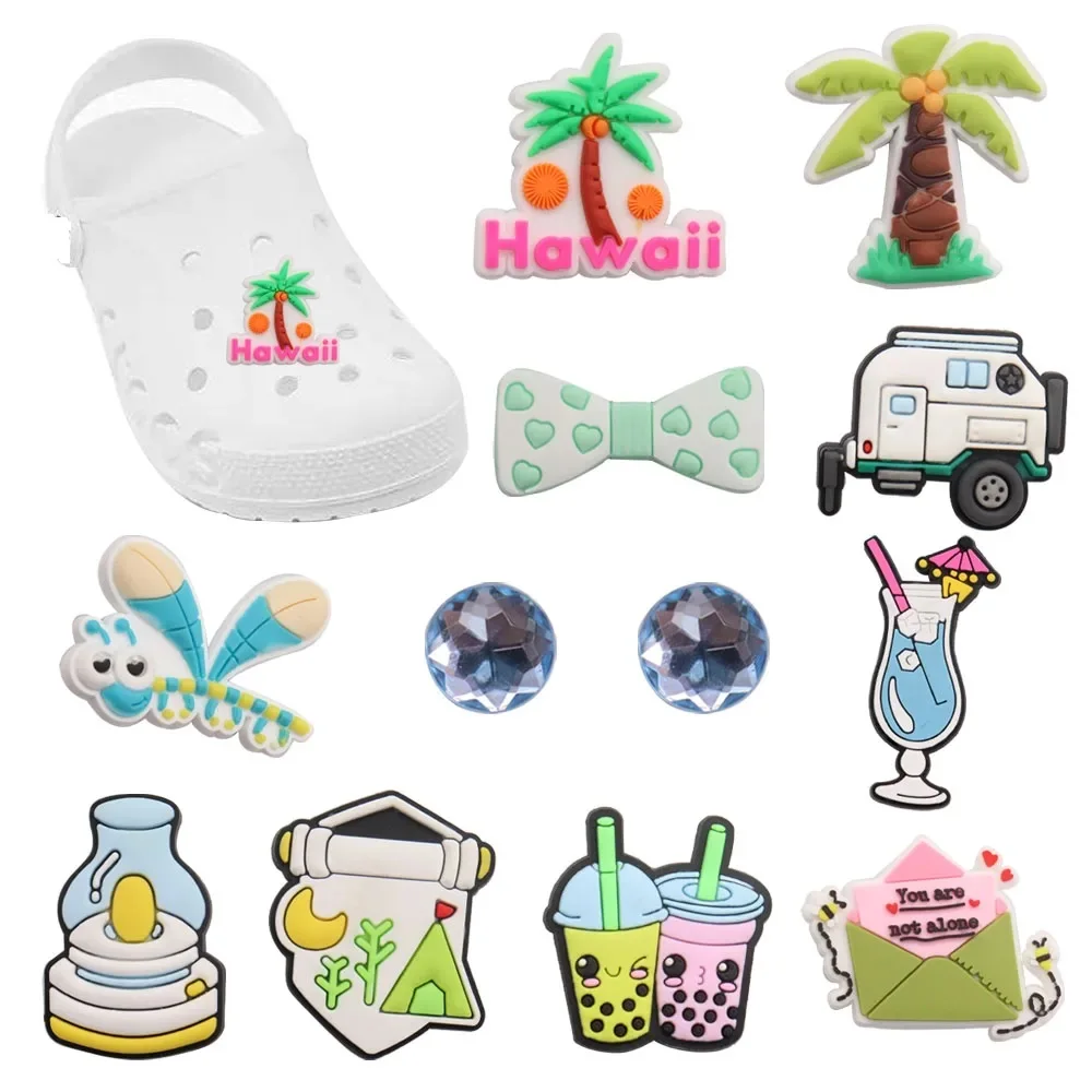 Mix 50pcs PVC You Are Not Alone Bow Milk Tea Coconut Tree Dragonfly Sandals Shoe Charms Accessories Shoe Buckle For Backpack