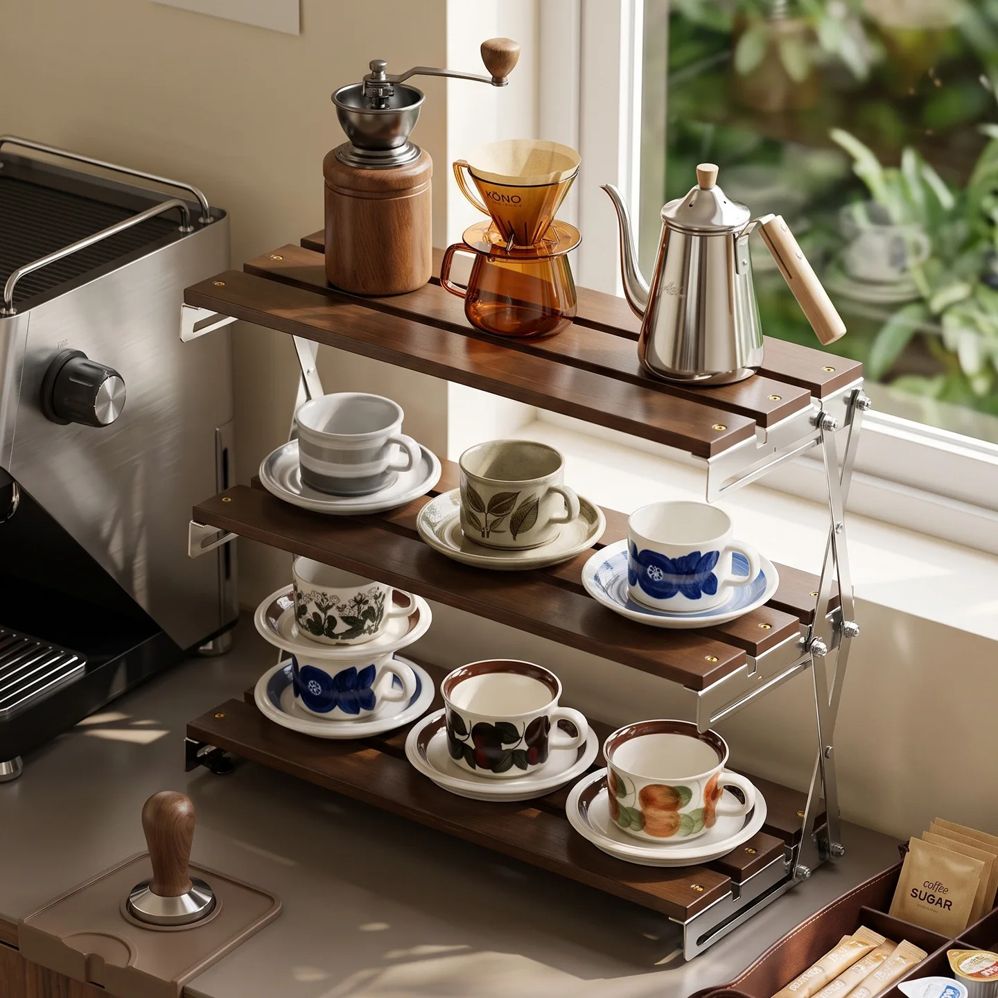Dining table rack Small non-solid wood multi-layer storage water cup holder Household desktop teacup kettle folding rack