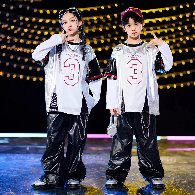 طفل الجاز ملابس رقص الحديثة لفتاة رقم 3 طباعة قصيرة الأكمام بلايز جلدية السراويل السوداء دعوى الأولاد الهيب هوب ملابس الرقص مجموعة