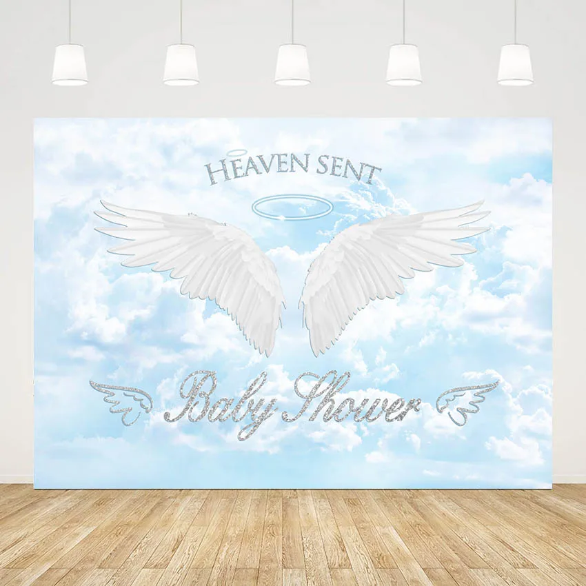 

Mehofond Newborn Theme Photography Backdrops for Boy Baby Shower Heaven Sent Angle Wing Blue Sky Cloud Background Photo Shoot