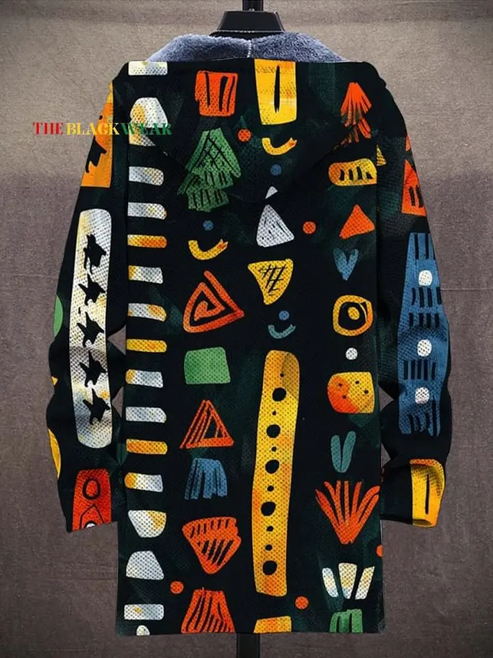 African Art Abstract Tribal Patterns Unisex Plush Thick Long-Sleeved Sweater Cardigan Coat Men's Thick Warm Jacket