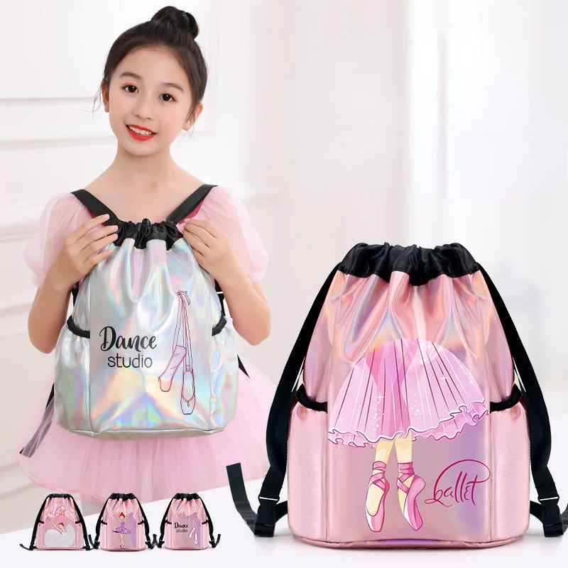 Girls Laser Shiny Ballet Dance Bags Kids Training Shoulder Gym Backpack Child Elastic Band Storage Bag High-capacity Handbag