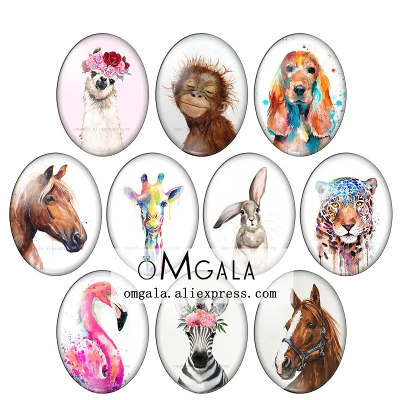 Cute Watercolor Horse Dog Rubby Animals 10pcs 13x18mm/18x25mm/30x40mm Oval photo glass cabochon demo flat back Making findings