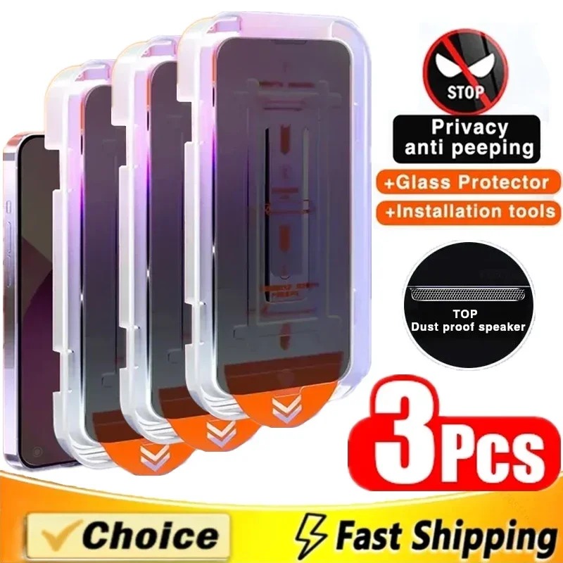 

3Pcs Dust Free Installation Privacy Screen Protector for IPhone 14 11 12 13 15 Pro Max 7 8 Plus 13Mini X XR XS SE Anti-spy Glass