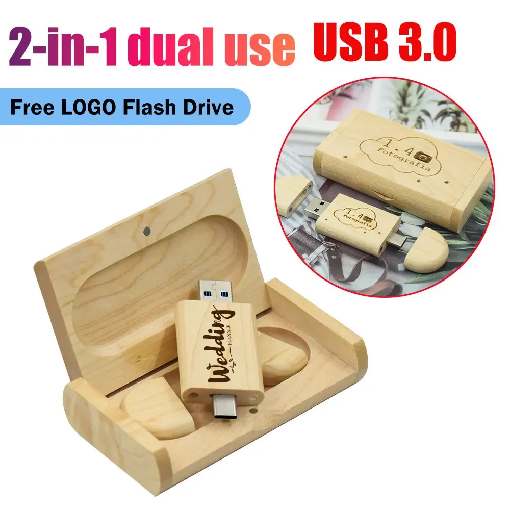 USB Flash Drive TYPE-C 2 in 1 Memory Stick 3.0 ไม้ Pendrive 4GB 8GB 16GB 32GB 64GB 128GB ไดรฟ์ปากกาฟรีโลโก้งานแต่งงานของขวัญ