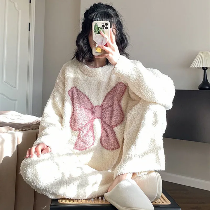 Yasuk Autumn Winter Fashion Women\'s Casual Lovely Bow Sweet Girl Warm Soft Sleepwear Loose Pajamas With Pants Flannel Pullover