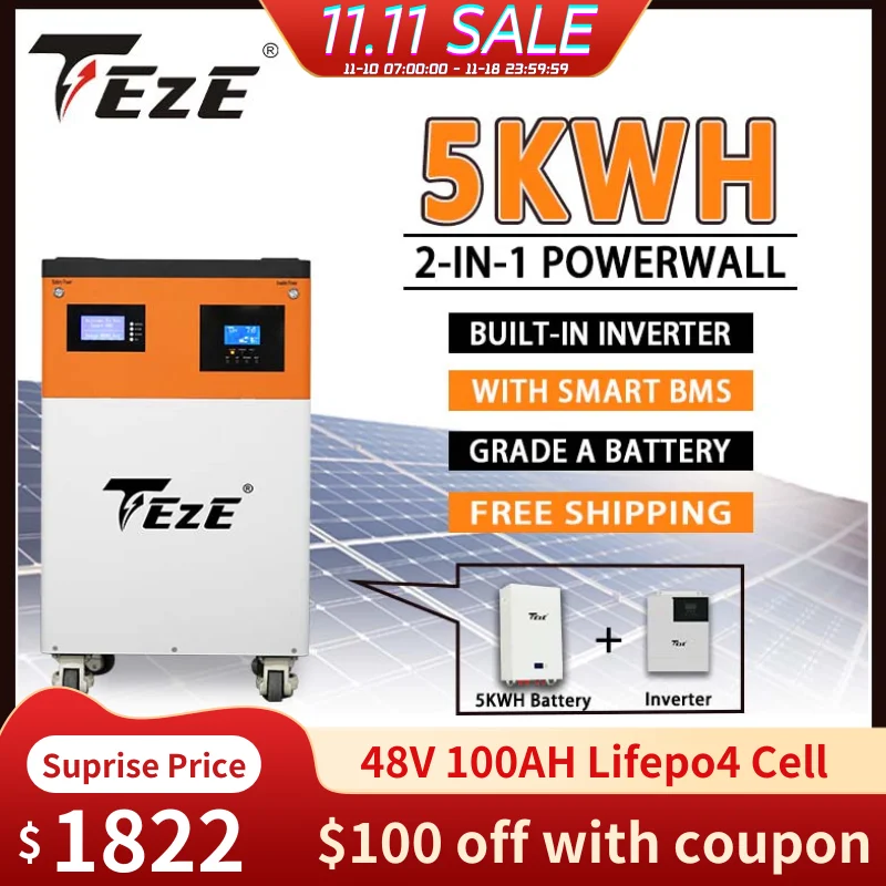 TEZE 5KWH 7.5KWH 10KWH All-in-One Grade A 51.2V 100AH-200AH LifePo4 Battery Pack Built-in Inverter BMS 6000 Cycles Powerwall