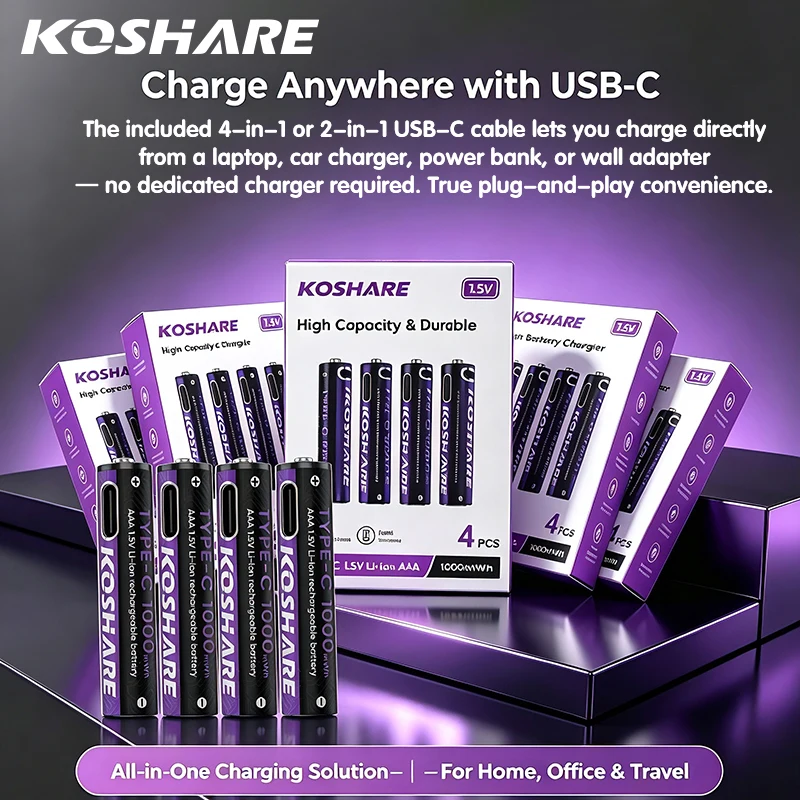 KOSHARE Type-C Rechargeable Batteries AA AAA 4255mWh 1000mWh Lithium Battery Long-Lasting For Flashlight Remote Control Toys