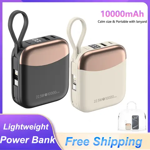 Certificação CCC 10000mAh Mini Power Bank 22,5W Carregamento rápido Powerbanks portáteis Cabo embutido para iPhone Xiaomi Huawei Samsung